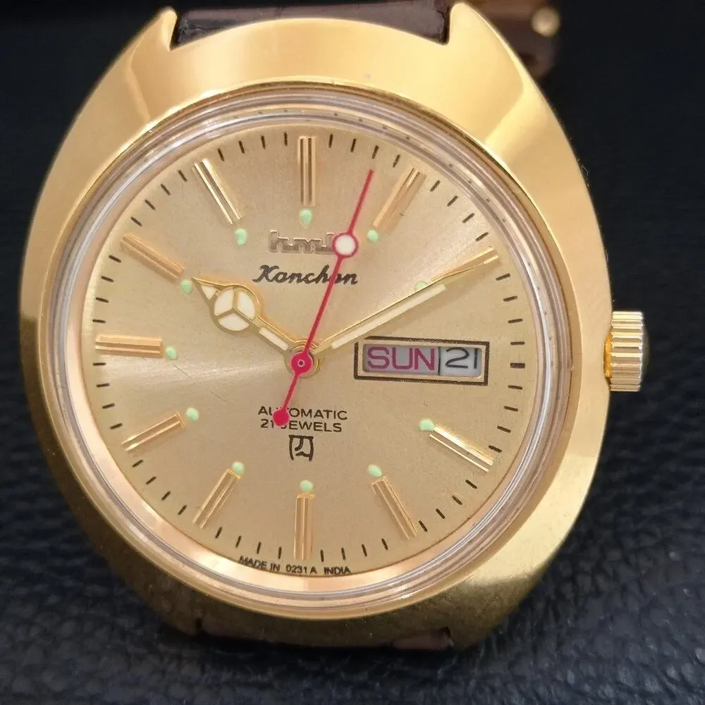 Vintage 1978 HMT Automatic Mens Gold Watch W/Daydate & Gold Accents
